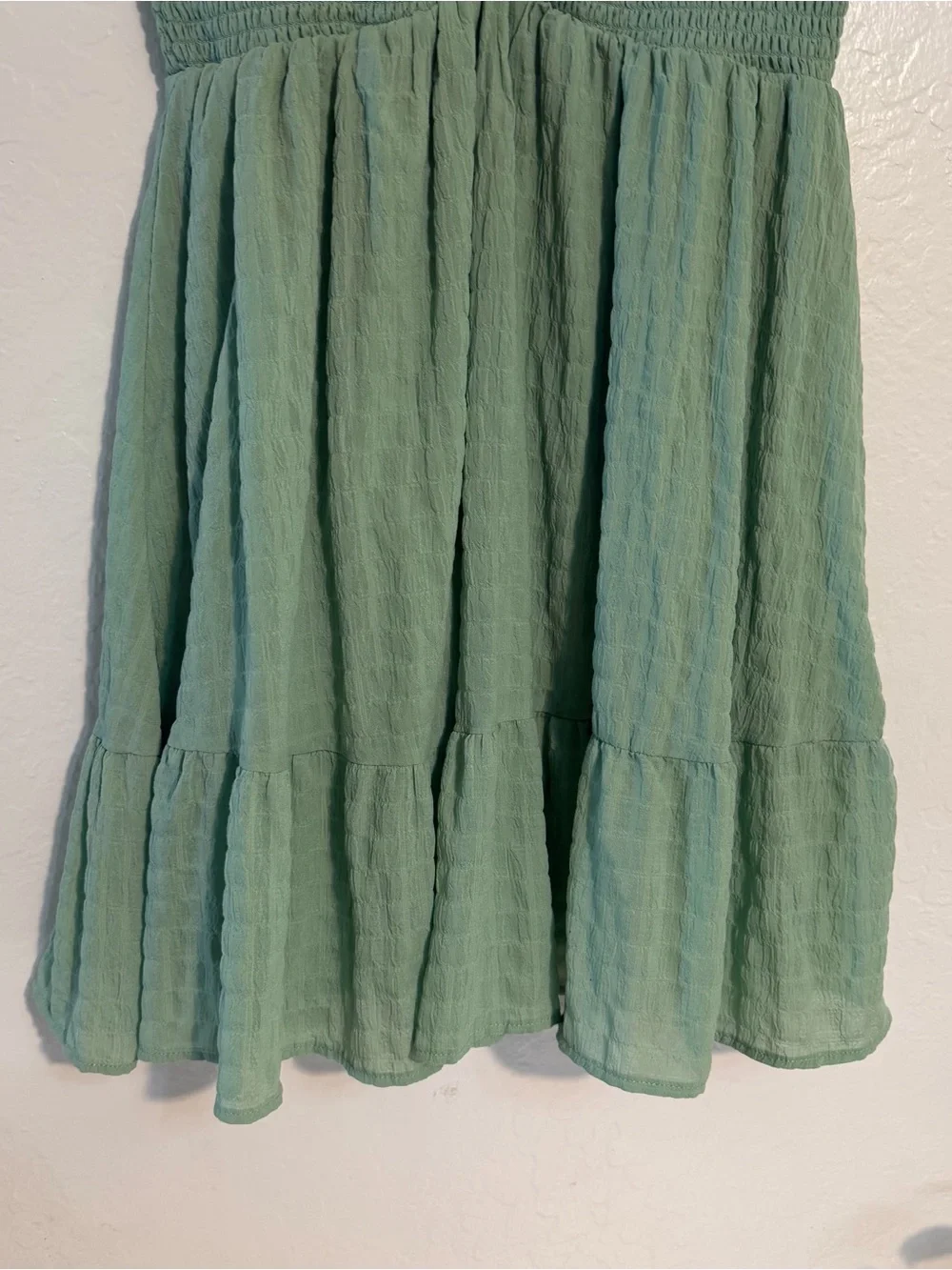 Thirty Thirty LA Sage Green Off Shoulder Smocked Tiered Ruffle Mini Dress M